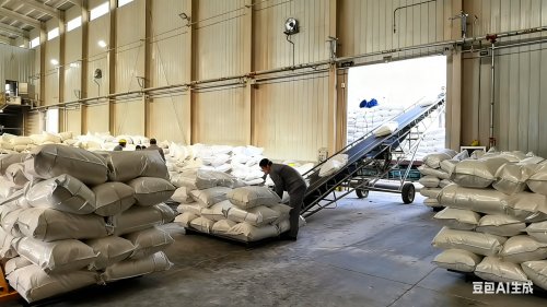 工厂装车的橡胶级氢氧化铝袋装货物特写