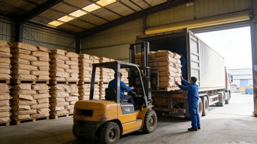 氢氧化铝产品在工厂厂区整齐装车准备发货