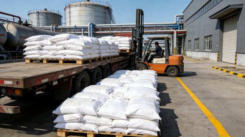 工业级氢氧化铝阻燃剂在工厂仓库中通过叉车进行装车搬运