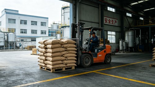 超白氢氧化铝源头工厂仓库，叉车向货车装载高白度成品，优质矿石原料深度洗涤控铁白度可达95以上