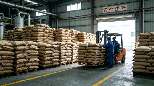 氢氧化铝填料源头工厂仓库，叉车向货车装载成品，集环保阻燃填充降本增强改性与光学装饰四大功能于一身